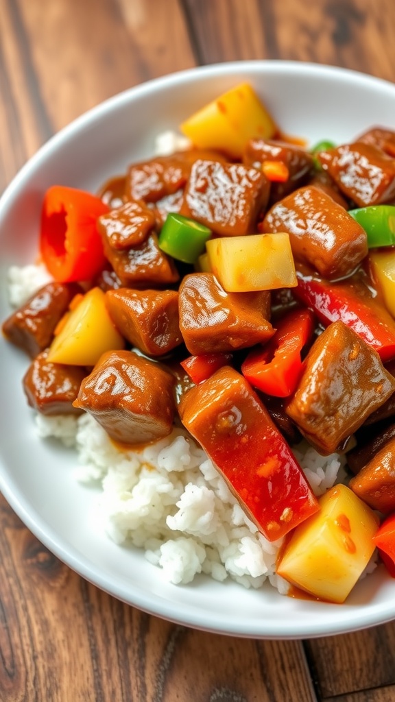 A colorful dish of sweet and sour chopped beef with bell peppers and pineapple over rice on a rustic wooden table.